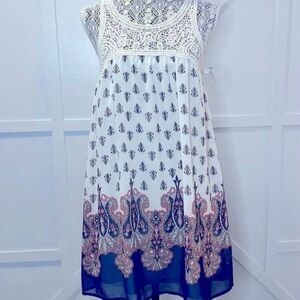 BLU Pepper Lined Swing Dress sz L Sleeveless Crochet Upper Beige Multi EUC Large